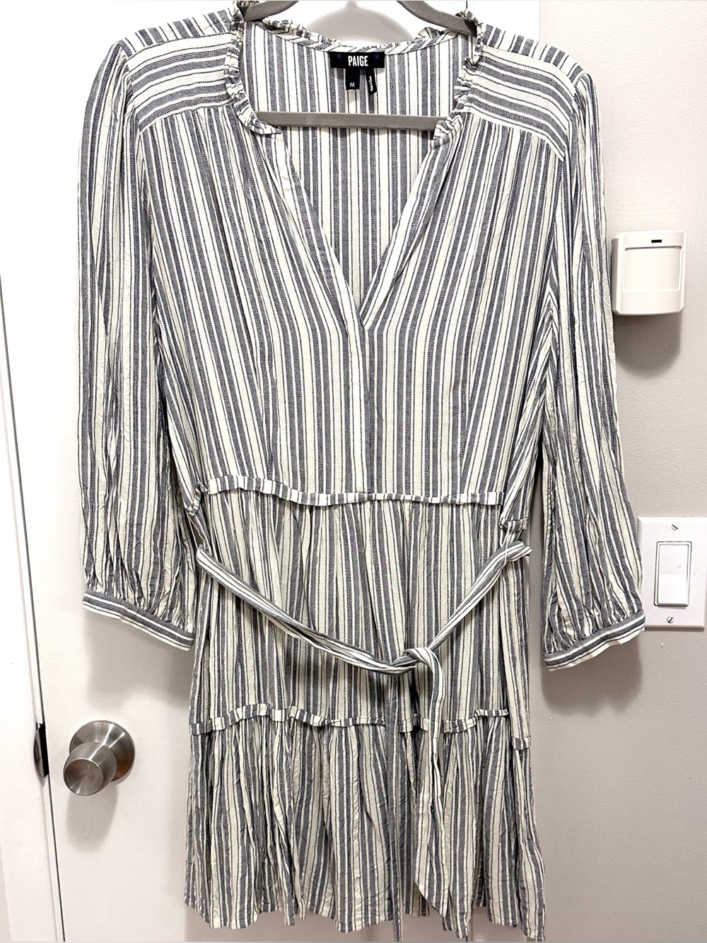 PAIGE Kylenn Stripe Long Sleeve Tiered Dress Navy/Cream M Stripe Boho Peasant